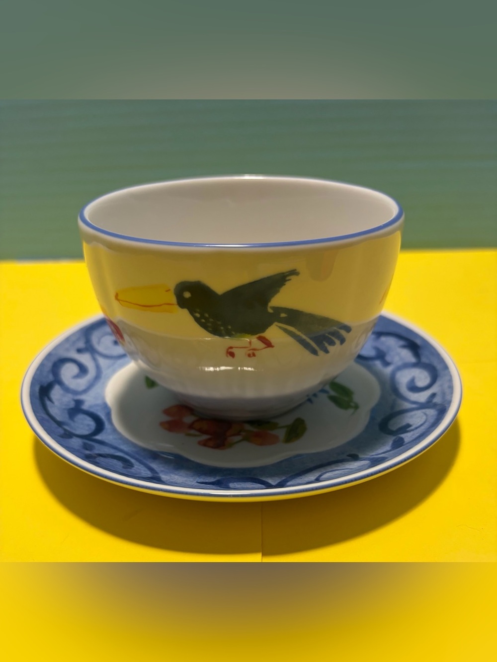 Porsgrund Porcelain Tea Cup & Saucer 2pc Bird Floral Blue Rim Norway